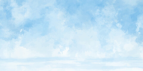 Blue vector watercolor art background with white clouds and blue sky. Hand drawn vector texture. Heaven. Watercolour banner. Abstract template for flyers, cards, poster, cover or design interior.