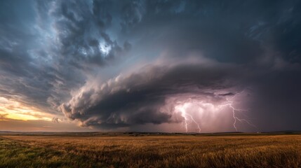 Majestic Stormy Sunset: Lightning Strikes Over Golden Field