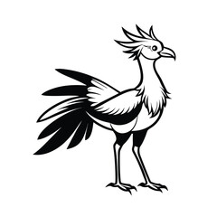 Elegant line art illustration of a secretary bird standing proudly with wings fully spread for advertising