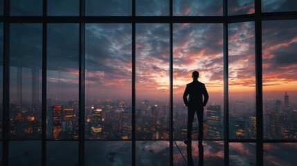 Fototapeta premium Silhouette of a Businessman Contemplating City Sunset
