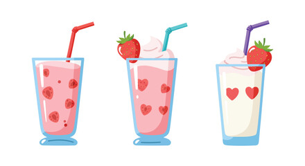 Three Strawberry Milkshakes with Straws and Strawberry or Heart Decorations