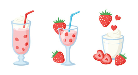 Three Strawberry Milkshake Illustrations in Glasses with Straws and Fresh Strawberries