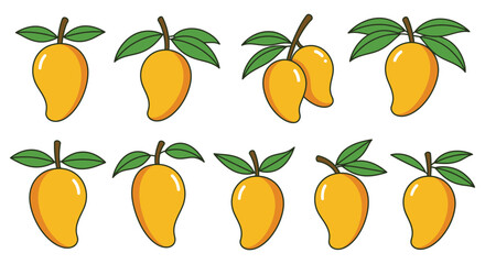 Collection of Fresh Ripe Mangoes with Green Leaves on a White Background