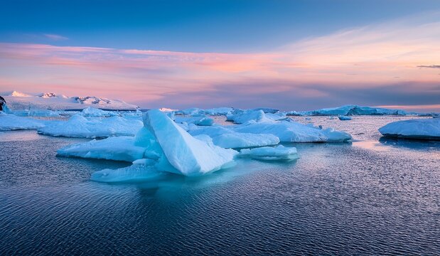 Breathtaking arctic panorama at twilight with majestic icebergs floating in the tranquil glacial lagoon under a vibrant pastel sky.