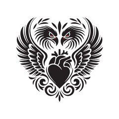Tribal Winged Heart Tattoo Design,Gothic Heart with Wings Vector Art,Vintage Winged Heart Ornament Design,Sacred Heart with Wings Tattoo Style,Black and White Tribal Heart Illustration