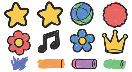 Hand Drawn Doodle Elements with Stars Flowers Crown Music Note and Shapes