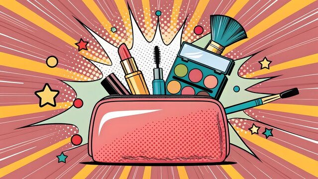 Pop art makeup bag explosion with cosmetics and brushes