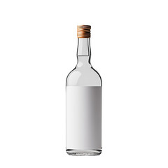 Front view of a minimalist white liqueur bottle with a white blank label, studio shot, isolated on a white transparent background