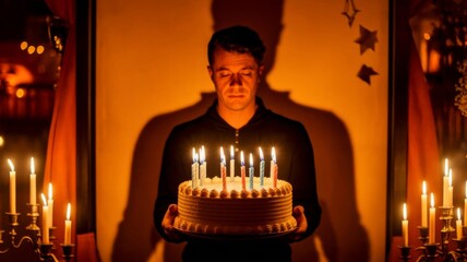 Sad man celebrating birthday alone with cake