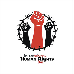 Human Rights Day Vector with Raised Fist and Barbed Wire,International Human Rights Day Protest Illustration,Unity and Strength Symbol for Human Rights Day,Powerful Fist Graphic for Human Rights