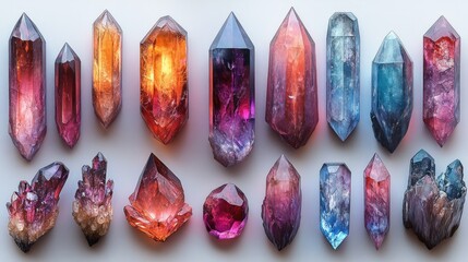 Colorful crystals arranged beautifully on a light background
