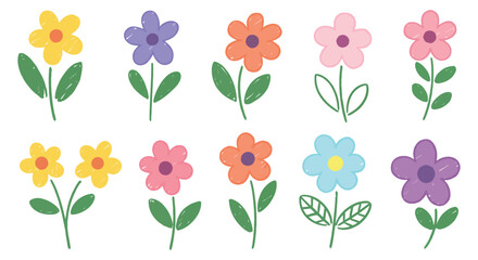 Collection of Colorful Hand Drawn Flowers with Leaves on White Background
