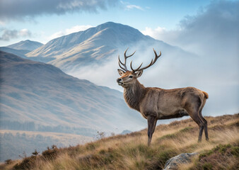 Fototapeta premium Majestic stag with impressive antlers standing in mountain meadow at golden hour. Perfect for nature calendars, wildlife conservation content, and rustic decor