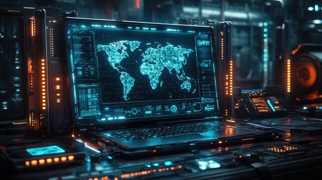 Futuristic control panel with world map display