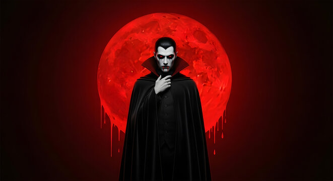 A vampire in a black cloak standing in front of a red moon with blood dripping down the bottom edge