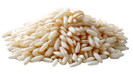 Pile of Rice Grains: A close-up, studio shot unveils a pile of fresh, uncooked rice grains, revealing their natural texture, delicate forms and capturing the essence of this fundamental food.