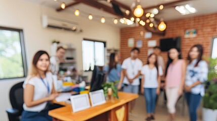 Stylish Reception Desk Office Space Photography Modern Environment Blurred Background Glass Backdrop