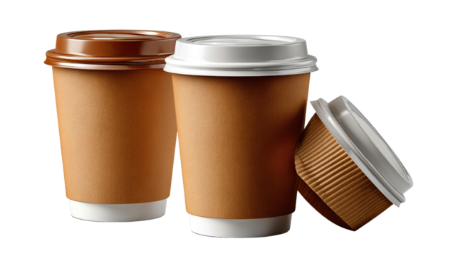 Coffee Cups: A trio of takeaway coffee cups, neatly arranged, each with its own unique lid and sleeve. Photorealistic image.