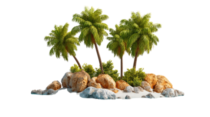 Tropical Island Oasis: a small island, featuring several palm trees, some rocks and green plants, with an idyllic scenery, evoking a sense of tropical paradise.
