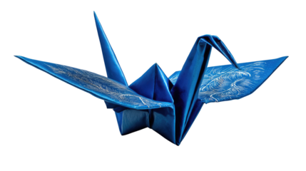 Origami Crane: A meticulously folded origami crane, a symbol of peace and longevity, crafted from vibrant blue paper, demonstrating the artistry and precision of paper folding. 