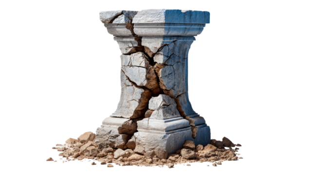 Cracked Pillar of Time: An ancient stone pillar, weathered by time and marred by a deep crack, evokes the fragility of permanence and the relentless passage of years.