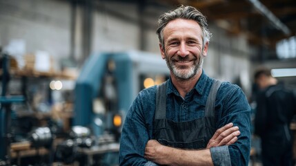 Obraz premium Confident worker smiles in a productive environment, showcasing teamwork and craftsmanship in industrial setting.