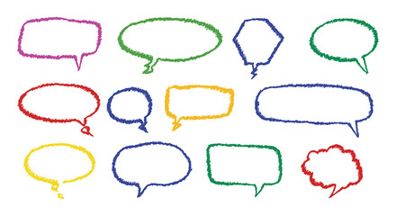 Hand Drawn Speech Bubbles in Various Shapes and Colors on White Background
