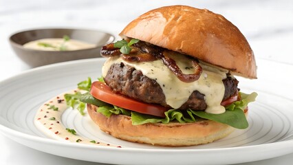 Gourmet Cheeseburger with Truffle Aioli and Brioche Bun, Delicious Burger with Crispy Onions, Chef's Special Burger on a White Plate, Elevated Cheeseburger with Premium Ingredients