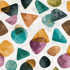 mid-century modern pattern with Memphis-style shapes and watercolor textures
