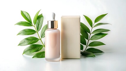 Pastel Cosmetic Serum Bottle with Matching Box Under Green Leaves isolated on white background