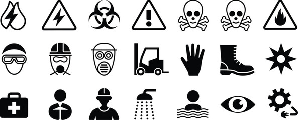 Collection of black safety and hazard warning icons  danger