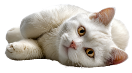 Serene White Cat's Gentle Gaze: A pure white cat, adorned with vibrant amber eyes, lounges in a pose of relaxed contentment, offering a captivating glimpse of feline elegance and poise.