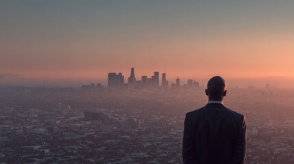Fototapeta premium Urban Sunset: A Man Contemplates the Los Angeles Skyline