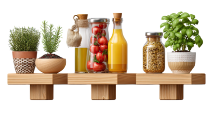 Organized Culinary Delights: A neatly arranged wooden shelf, displaying an array of fresh herbs, vibrant vegetables, and assorted culinary essentials for creative cooking pursuits.