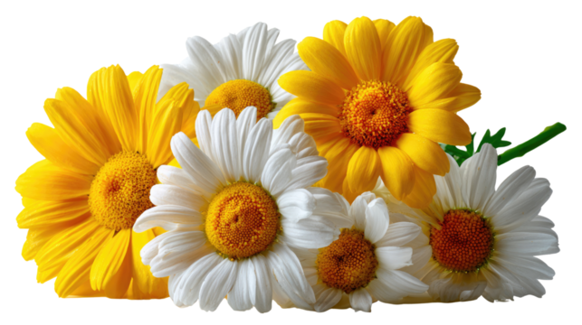 Radiant Floral Bouquet: An artful composition of vibrant yellow and pristine white daisy-like flowers blossoms forth, their petals delicately captured in a photorealistic tableau of nature's finest.