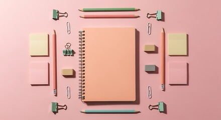 Flat lay of pastel colored stationery items arranged in a symmetrical pattern on a pink background
