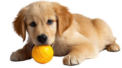 Golden Retriever Puppy with Ball: A charming golden retriever puppy gazes playfully at the viewer while holding a vibrant yellow ball, symbolizing innocence and joy.