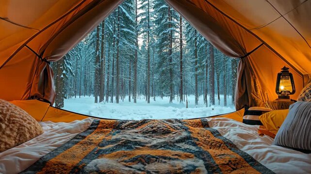 Winter Wonderland Retreat: Cozy Tent Interior with Snowy Forest View Experience, relaxing and calm