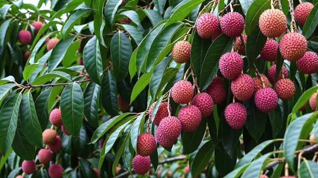 Ripe lychee fruits hanging from a tree branch with green leaves