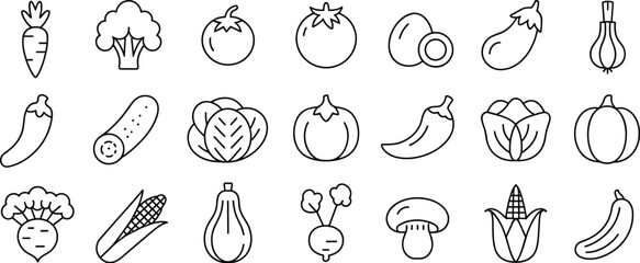 Collection of simple line art icons of various vegetables and food items carrot broccoli