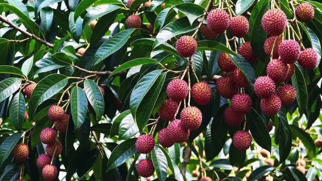 Ripe lychee fruits hanging from a tree branch with green leaves