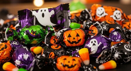 Spooky Halloween candy assortment with pumpkins, ghosts, bats, and spiders creates festive holiday fun