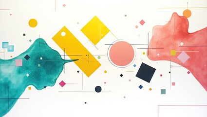 Abstract composition of geometric shapes and fluid forms in vibrant colors.