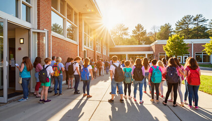 Students waiting in line outside school building during sunny day  