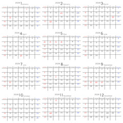 2026年　シンプルカレンダー　曜日 英語セット
