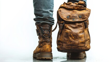 Worn Brown Leather Boots and Backpack on Reflective Surface