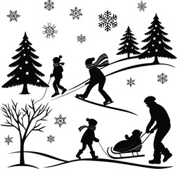 Naklejka premium winter family outdoor activities in snow season