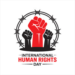 Human Rights Day Vector with Raised Fist and Barbed Wire,International Human Rights Day Protest Illustration,Unity and Strength Symbol for Human Rights Day,Powerful Fist Graphic for Human Rights