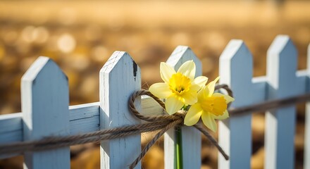 Yellow daffodils tied with a ribbon to a white picket fence
