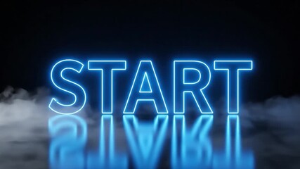 Dynamic Blue Neon 'START' Text on Reflective Surface with Haze